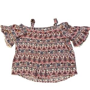 Monteau Girl Cold Shoulder Blouse Boho Sz 12 Floral  Pom Pom Trim Bell Sleeve